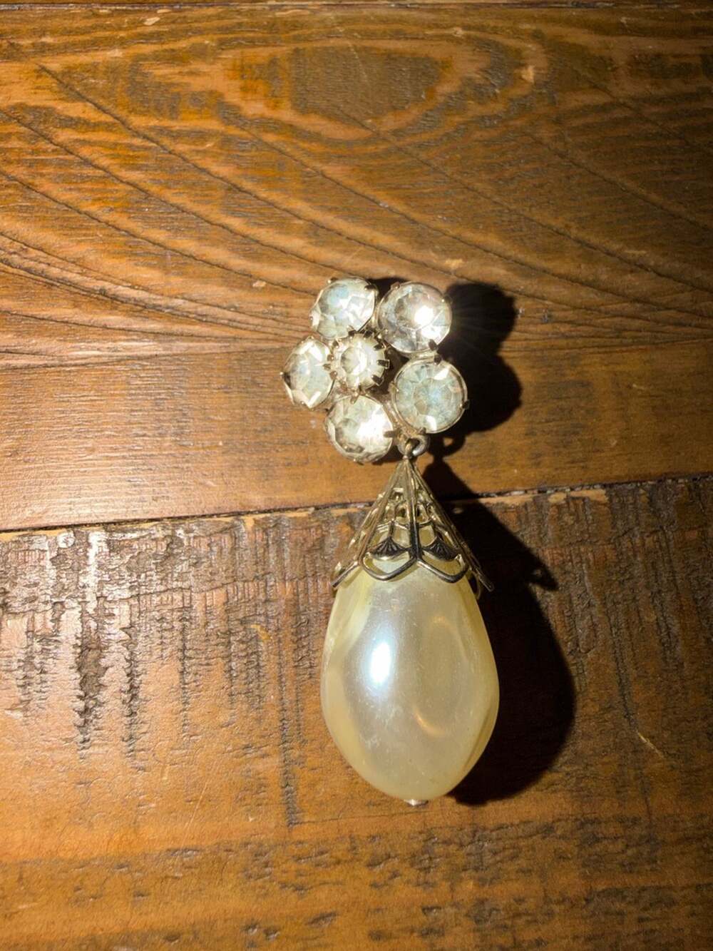 Vintage Rhinestone & Faux Pearl Drop Brooch